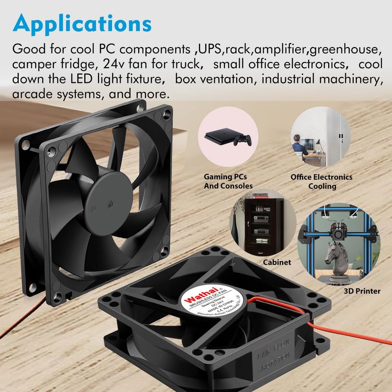 Wathai 80mm 24V DC Cooling Fan 2Pin 24Volt 80mm x 25mm Brushless 3 Inch Fan High Speed for DIY Ventilation Exhaust Projects Cooling 2 Pack - Image 4